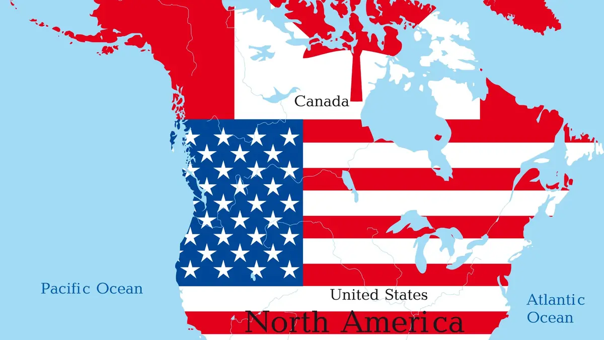 Amerikan bayrağı renklerinde Kuzey Amerika haritası